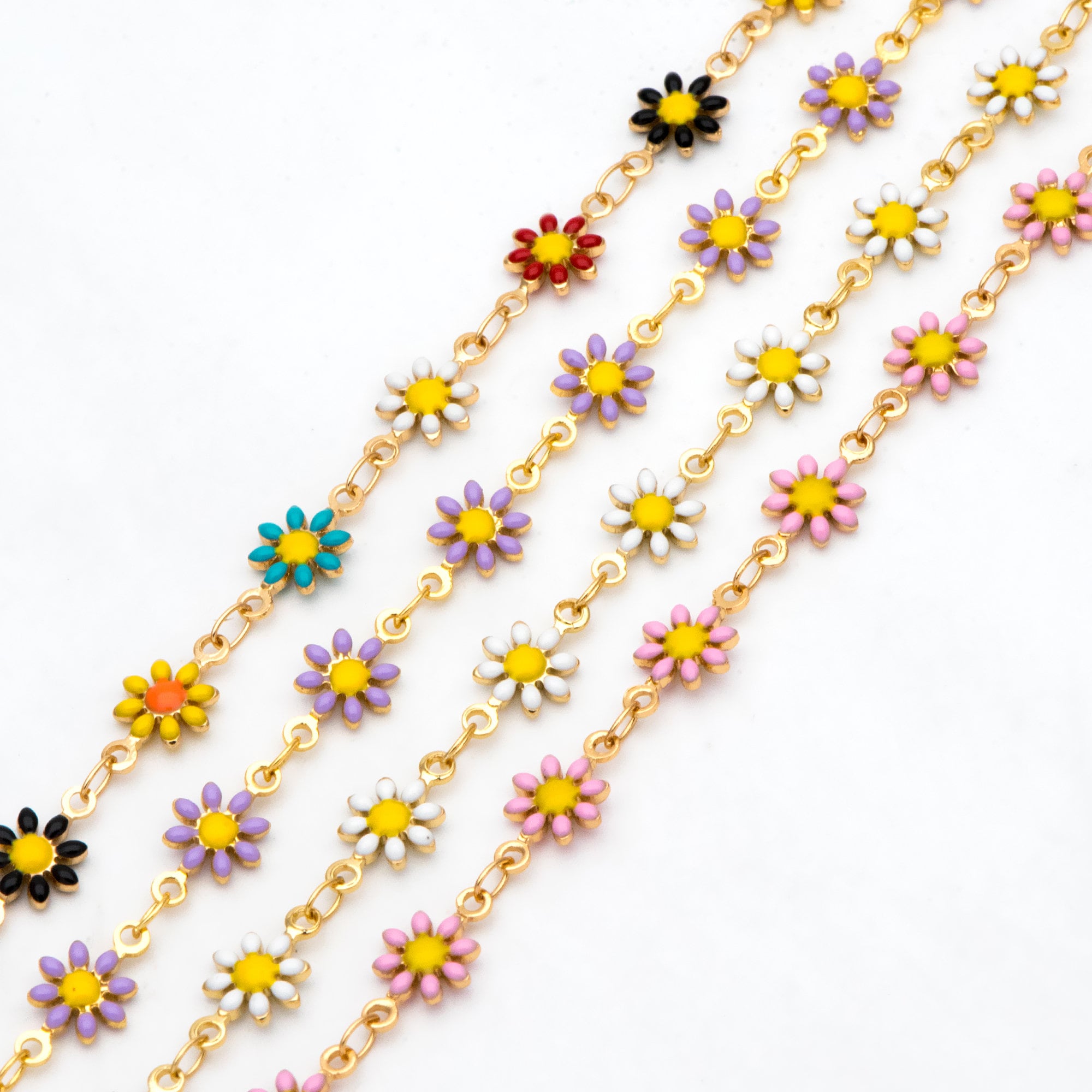 Enamel Flower Chain, Daisy Chain, Gold Plated Brass Designer Chain 7.5mm, Floral Link Chain Findings (#LK-578)/ 1 Meter=3.3ft